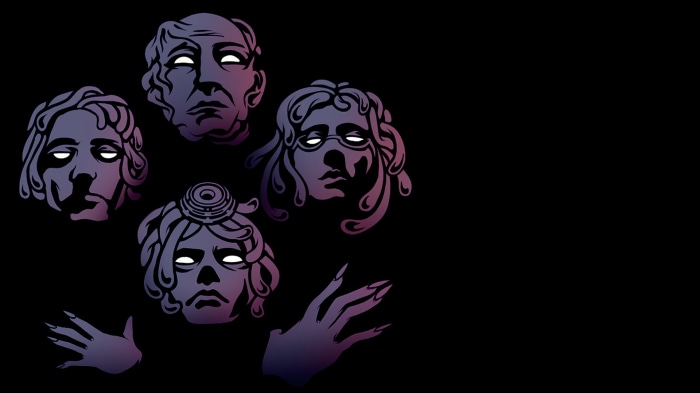 Four stylized faces and hands on a black background