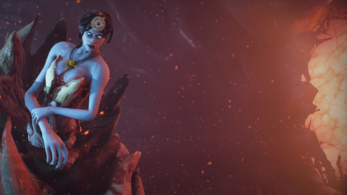 Warframe character with blue skin and ornate jewelry