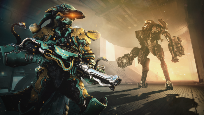 Warframe character with rifle facing a mech