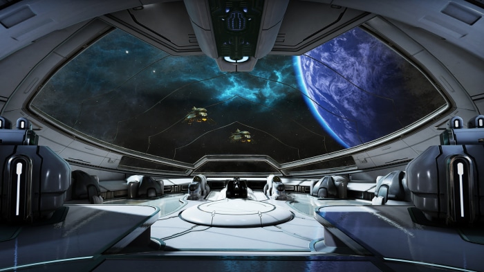 Interior of a spaceship cockpit overlooking space and a planet