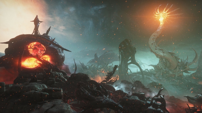 Warframe alien landscape with glowing structures