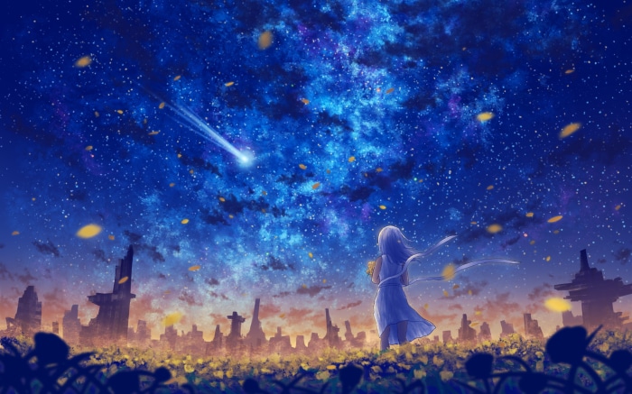 Girl in a field under a starry sky with a shooting star
