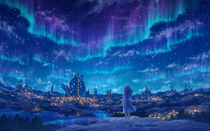 Girl watching Aurora Borealis over a futuristic city
