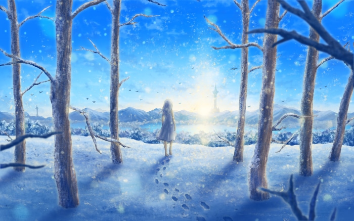 Girl in winter landscape with tower