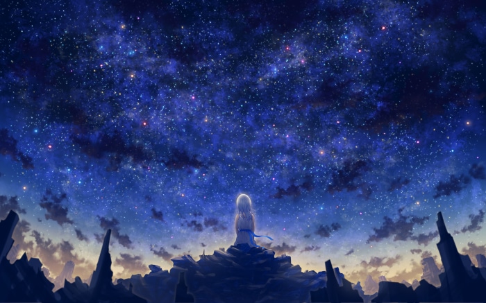 Girl looking at a starry night sky