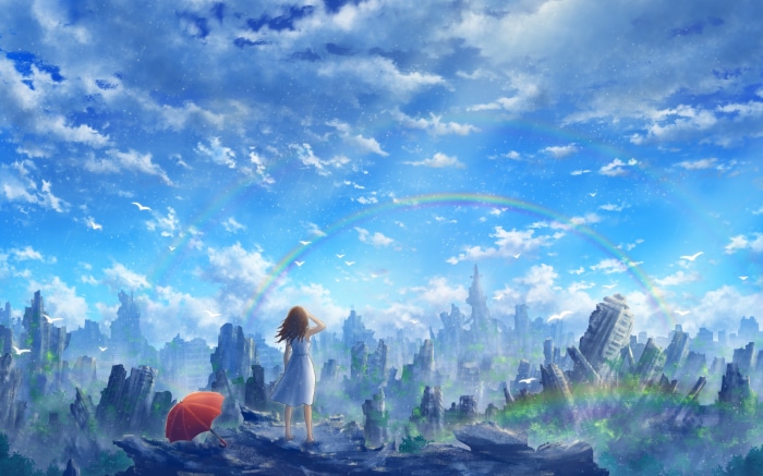 Girl in a post-apocalyptic city with a rainbow