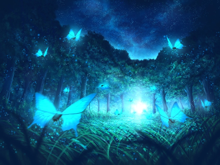 Blue glowing butterflies in a dark forest at night