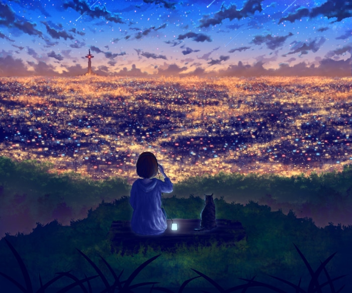 Girl and cat overlooking a city at night
