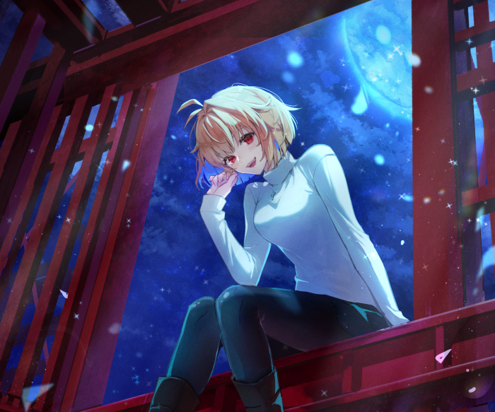 Arcueid Brunestud from Tsukihime sitting under a starry night sky