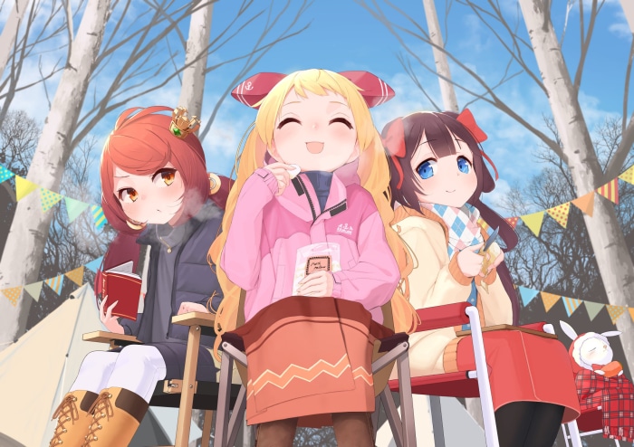 Azur Lane characters Jenkins, Kiyonami, and Jersey camping