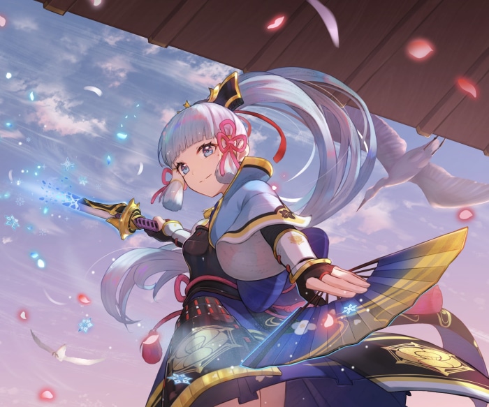 Kamisato Ayaka from Genshin Impact with sword and fan