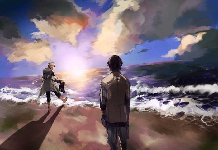 Thorns and Elysium from Arknights on a beach at sunset
