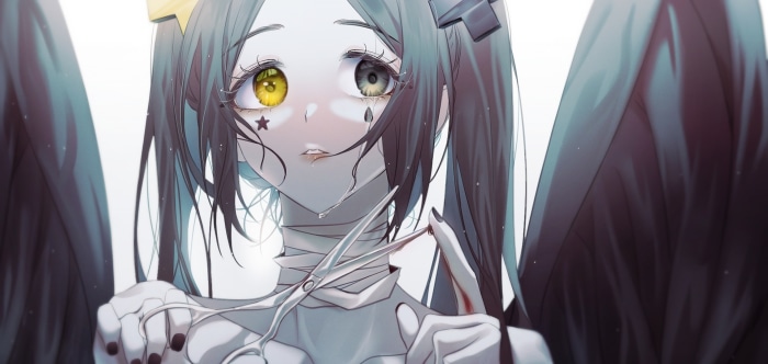 Girl with scissors and bandages