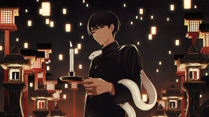 Boy with snake and candle surrounded by lanterns
