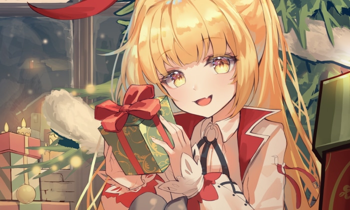 Girl with blonde hair holding a Christmas gift