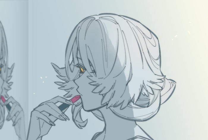 Orchid from Arknights applying lipstick