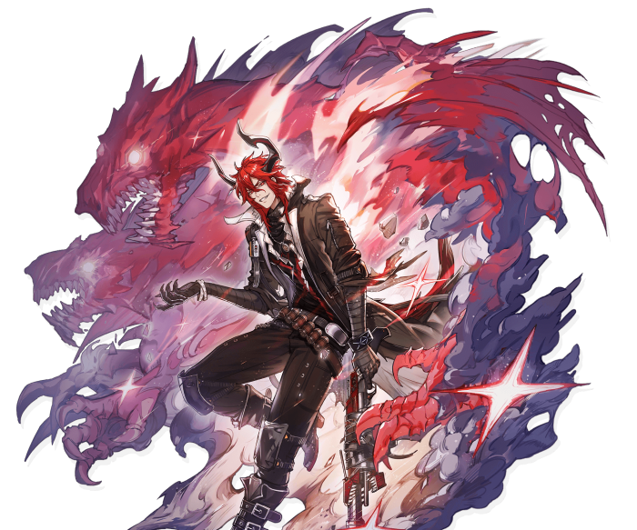 Sesa from Arknights with a red dragon