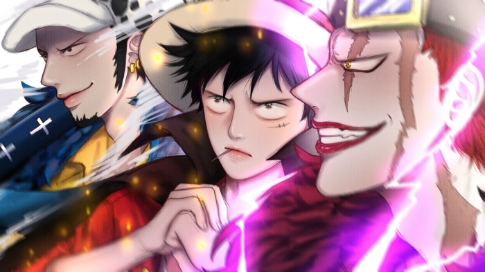 Trafalgar Law, Monkey D. Luffy, and Eustass Kid from One Piece