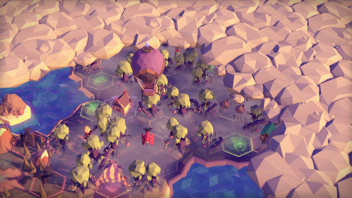 Low poly strategy game with hot air balloon and village