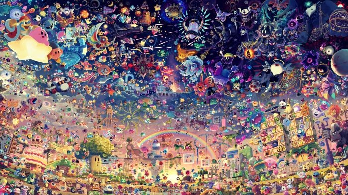Kirby characters and creatures in a colorful landscape