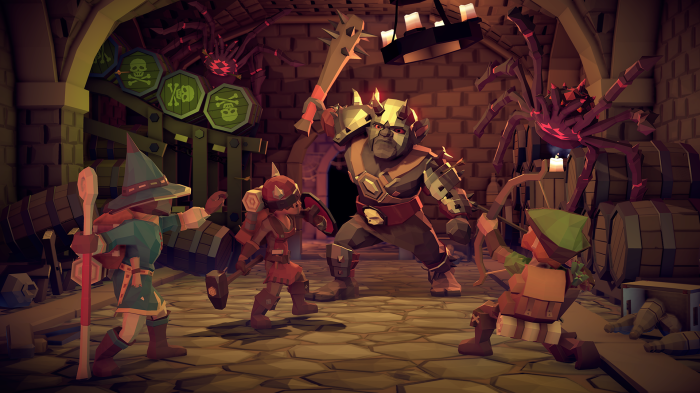 Fantasy characters fighting an ogre and spiders in a dungeon