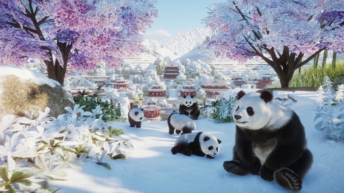 Pandas in a snowy Chinese village in Planet Zoo