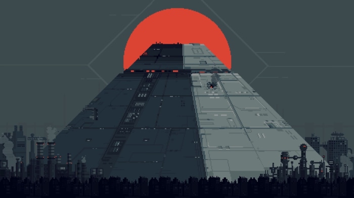 Futuristic Pyramid Cityscape with Red Sun