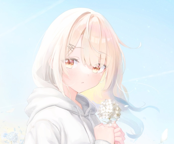 Anime girl in hoodie holding a flower