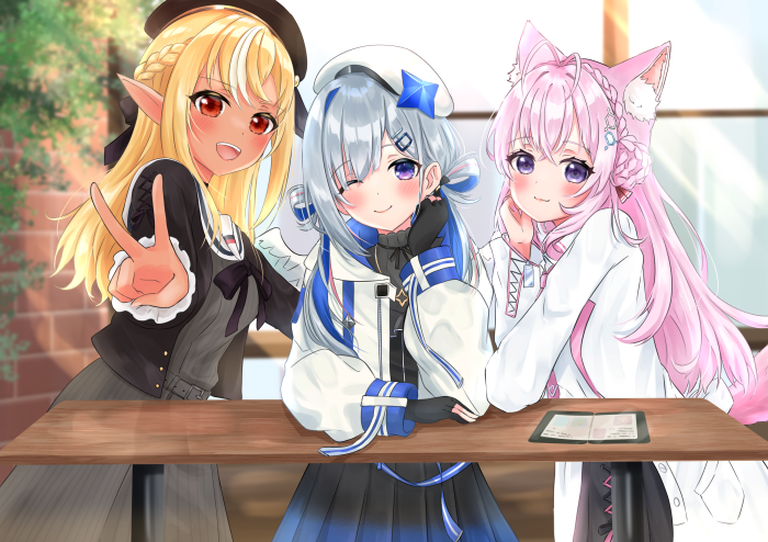 Virtual YouTubers Amane Kanata, Shiranui Flare, Hakui Koyori