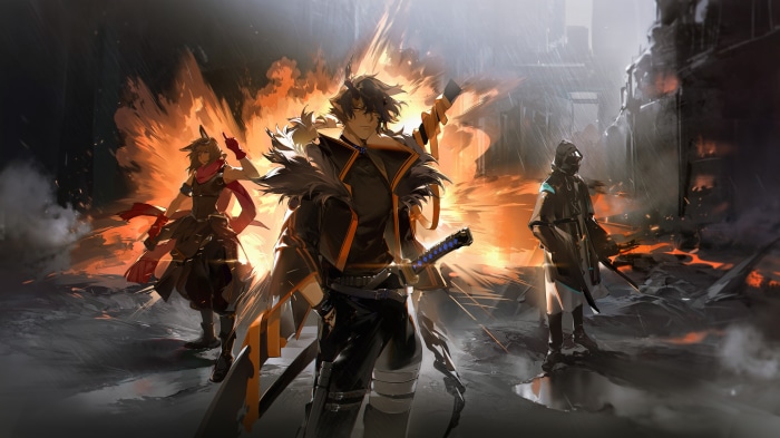 Arknights characters in a burning city
