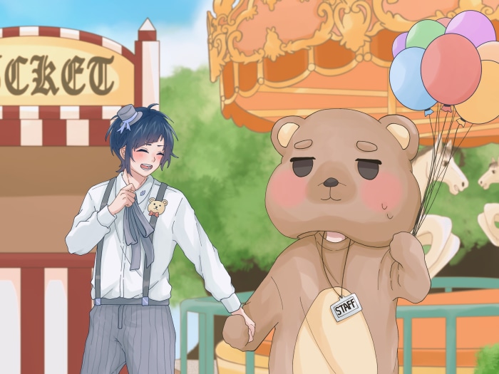 Yujiro Someya and a bear mascot at an amusement park