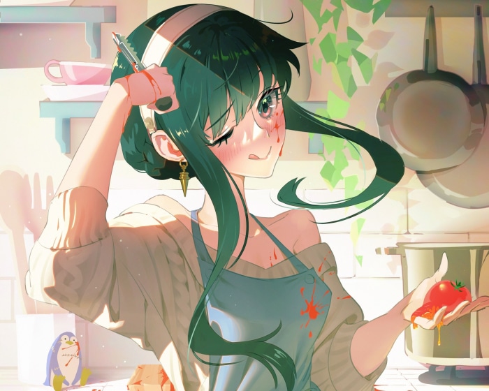 Yor Forger from Spy X Family in a kitchen