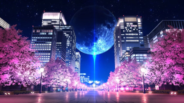 Anime city at night with cherry blossoms and a large moon