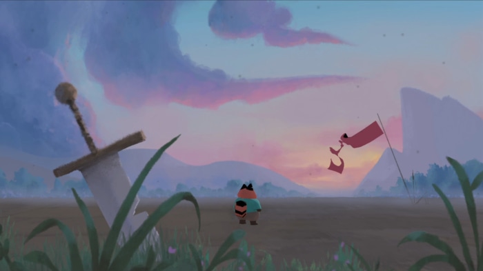 A character stands before a sword and a flag