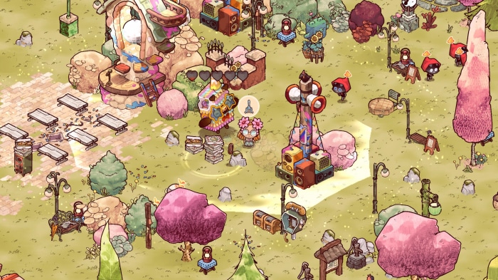 Cozy Grove characters and colorful structures