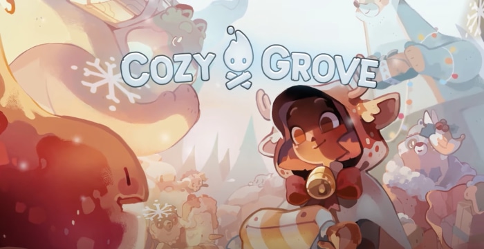 Cozy Grove title card with winter characters