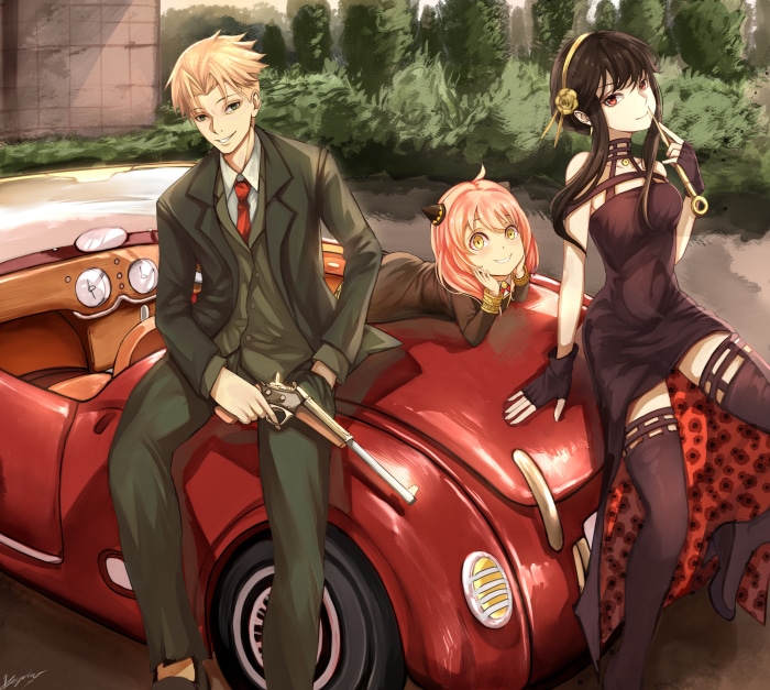 Spy x Family: Loid, Yor, and Anya Forger with a car