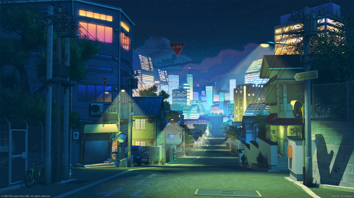 Anime street scene at night with city skyline