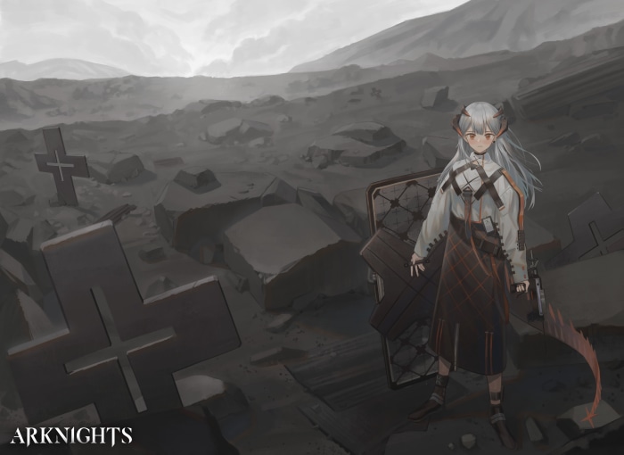 Saria from Arknights in a desolate landscape