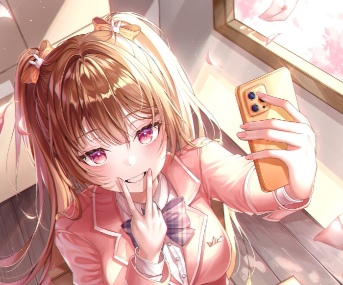Anime girl taking a selfie with a smartphone