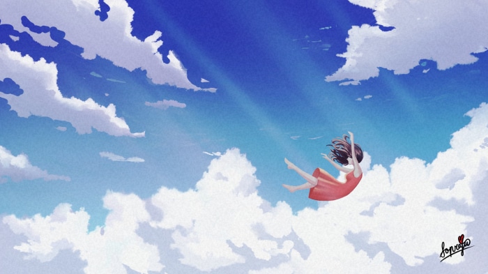 Girl falling through the clouds