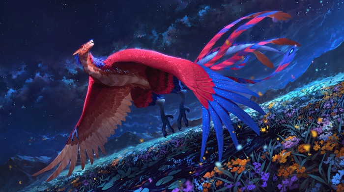 Fantasy Bird in Flight Over Flower Field