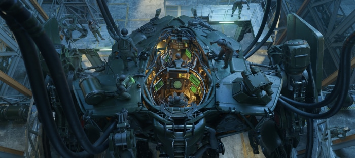 Sci Fi Mech with Crew in Hangar