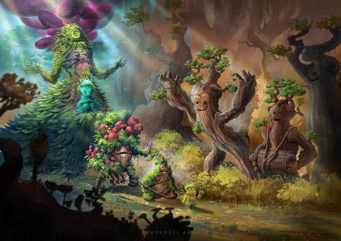 Magical forest creatures and sentient trees in a sunlit clearing