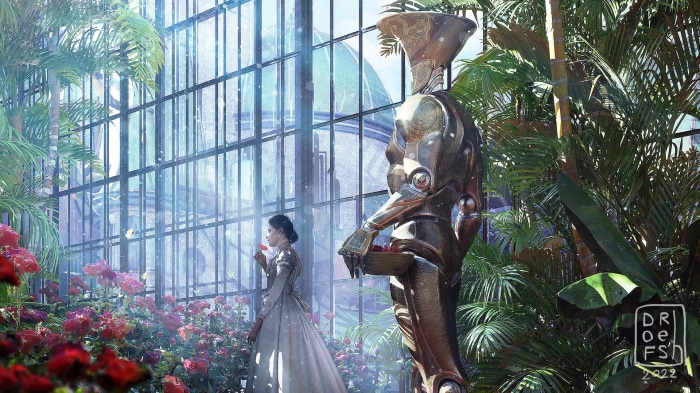 Woman and robot in a greenhouse with roses