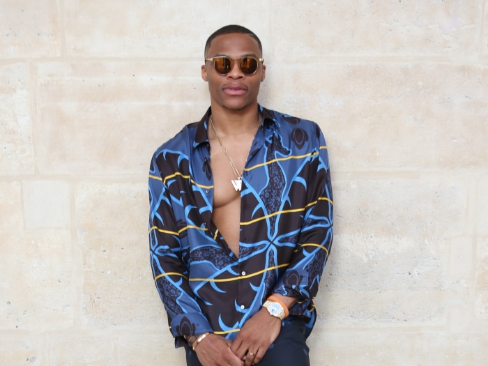 Russell Westbrook wearing a patterned shirt