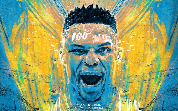 Russell Westbrook with '100' on forehead
