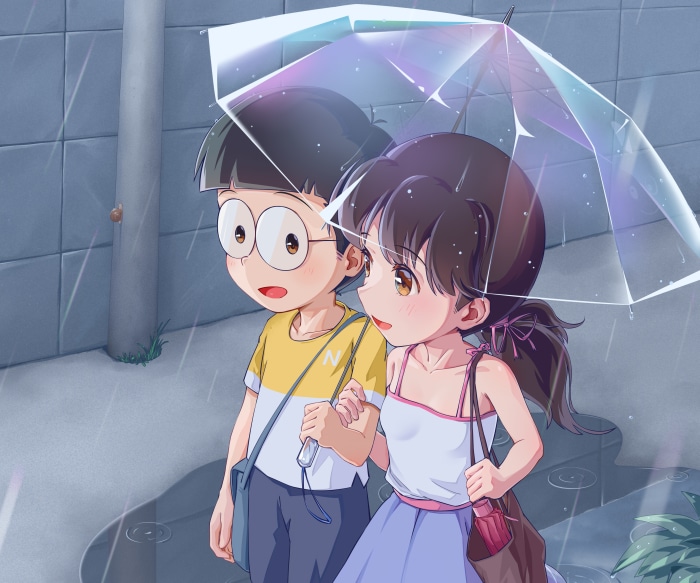Nobita and Shizuka Sharing an Umbrella in the