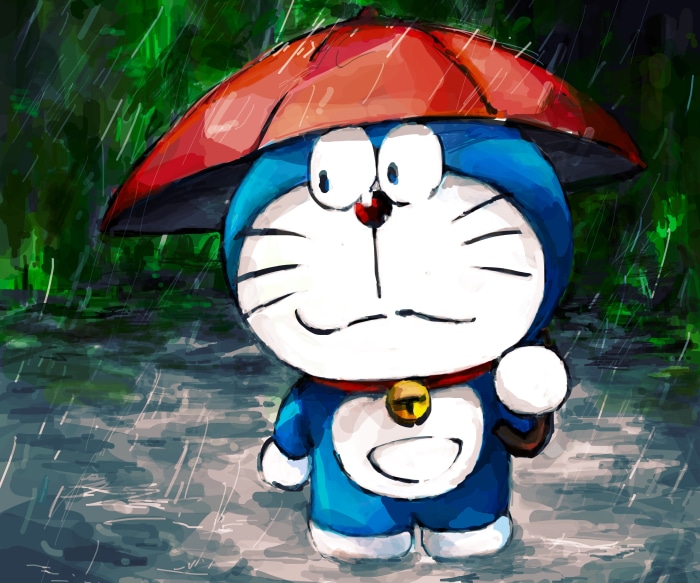 Doraemon in the rain with an umbrella 4K
