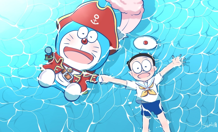 Doraemon and Nobita as Pirates Floating in Water